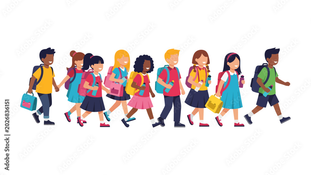 Obraz premium Children Going to School: A group of diverse children, each with a backpack and school bag, walk together with smiles, embarking on their educational journey.