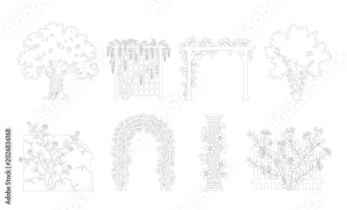 Foto CAD line art flowering arch trellis and climbing plant side view elevation set, outline garden arch vine symbols for landscape and garden design plans