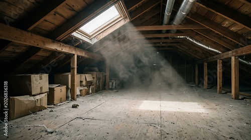 Sunlight beams through a dusty wooden attic with boxes stored under the roof structure