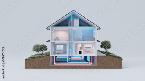 3D illustration of a modern two-story house cutaway showing interior rooms and an integrated geothermal heating and cooling system with underground piping