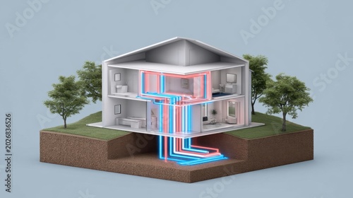 Cross section of modern house showing internal heating and cooling system with blue and red ductwork illustrating ventilation and climate control in residential building