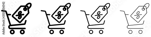 Foto Set of icons of product price tag with percent sign in shopping cart with different thickness of outline
