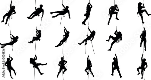 Bild auf Leinwand Set of professional rock climbing silhouettes featuring mountaineers abseiling r