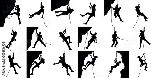Bild auf Leinwand Set of professional rock climbing silhouettes featuring mountaineers abseiling r