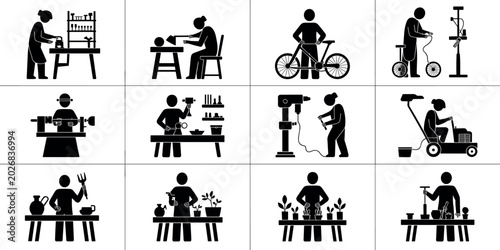 Set of craftspeople and technicians silhouettes featuring gardening bicycle repair woodworking metalworking and manual labor workshop activities for industry vector