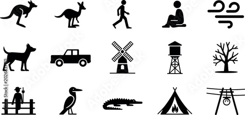 Collection of Australian outback silhouettes including kangaroo crocodile dingo farm windmill water tower and camping icons for rural landscape design vector