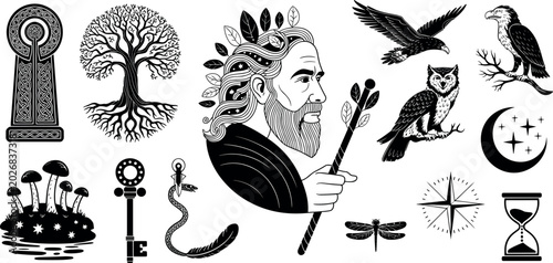 Photos Collection of mystical pagan and occult symbols including druid man tree of life
