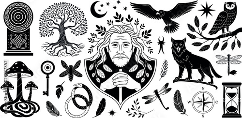 Photos Collection of mystical pagan and occult symbols including druid man tree of life