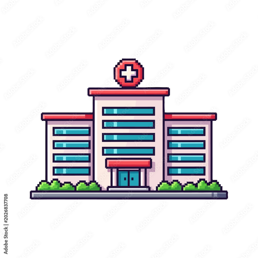 Obraz premium Modern hospital building with medical cross emblem featuring multiple floors and accessible entrance in a clean minimalist style