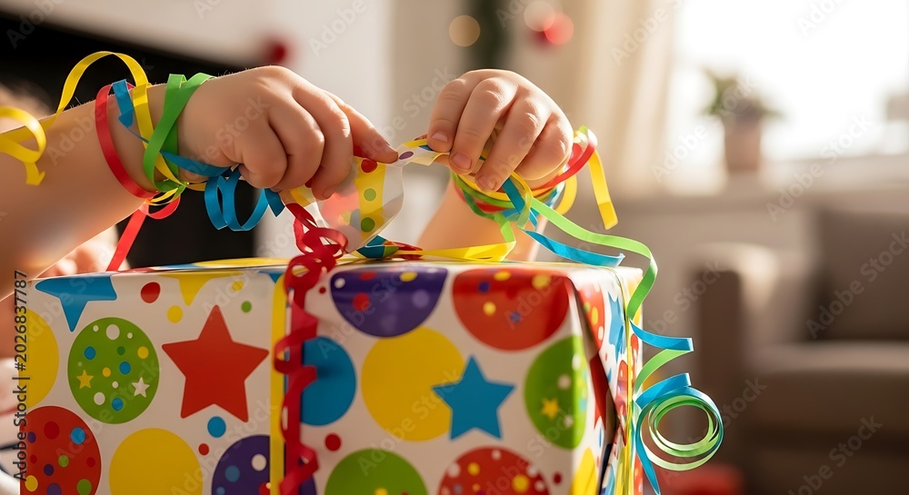 Naklejka premium Child's Hands Tying Ribbon on Colorful Gift Box