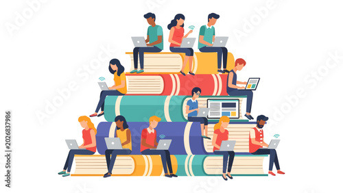 Obraz na płótnie Mountain of Knowledge: A vibrant illustration depicts a diverse group of students learning and working on laptops, perched atop a colossal stack of colorful books