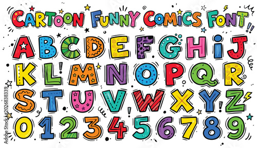 Cartoon funny comics font. Hand drawn colorful letters.