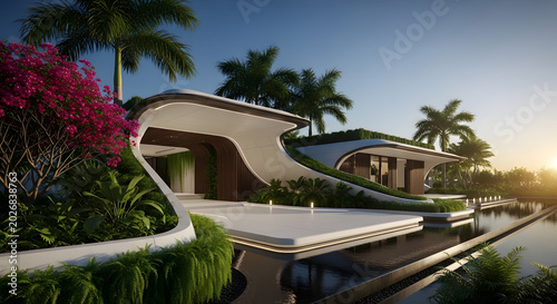 Modern luxury villa exterior with organic curved architecture, lush tropical landscaping, and a serene infinity pool at sunset in a resort setting
