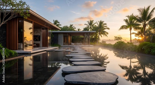 Luxury tropical villa with a stone stepping path across a serene reflecting pool at sunset, surrounded by lush palm trees and misty atmosphere