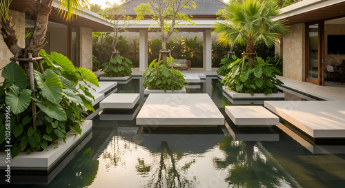 Modern luxury villa courtyard with a tranquil reflecting pool, stepping stones, and lush tropical landscaping under soft golden hour sunlight