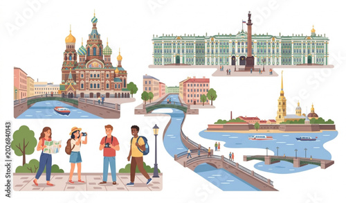 Obraz na płótnie Saint Petersburg Travel Vector Illustration Set with Famous Landmarks and Touris