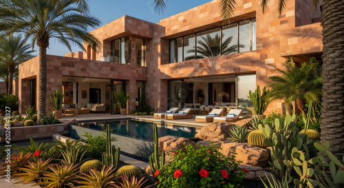 Luxury modern desert villa with a private swimming pool, outdoor lounge area, and lush landscaping featuring cacti and palm trees at golden hour