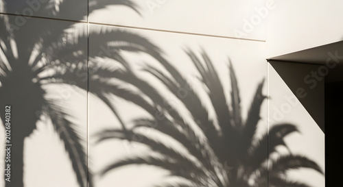 Shadow of palm tree leaves on a modern white building wall, minimalist architectural background with natural sunlight and palm frond silhouettes