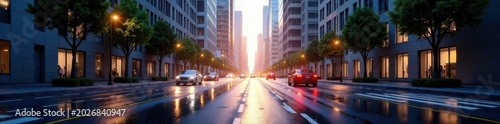 Gleaming asphalt reflects city's glass towers , city, perspective, development