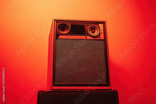 Vintage speaker against vibrant red backdrop with low angle