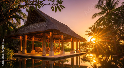 Luxury tropical resort pavilion with thatched roof at sunset, featuring an infinity pool reflecting the golden light and lush palm trees in the background