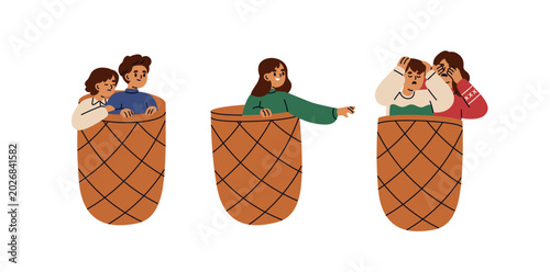 Tiny people inside wicker baskets, set. Kids stuck in bucket trap, happy smil...