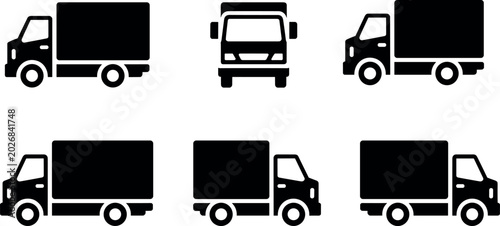 Delivery truck vector silhouette set featuring side and front views for logistics shipping transport moving service and commercial freight mockup designs