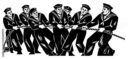 Schilderij op canvas Group of sailors pulling rope together nautical teamwork and cooperation maritim