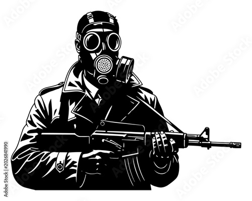 Fotografía Soldier in gas mask with assault rifle tactical military post-apocalyptic surviv