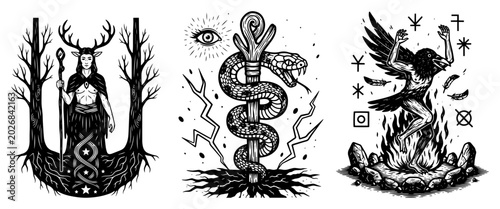 Konstfotografi Set of occult and pagan symbols with antlered forest god serpent on staff and ra