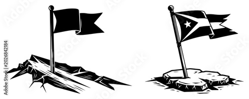 Foto Success flags on mountain top peak achievement and goal concept set of silhouett
