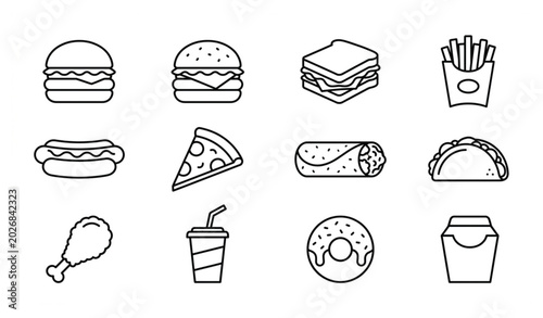 Fast food flat line icon set with burger pizza hot dog fries sandwich and snack vector illustrations