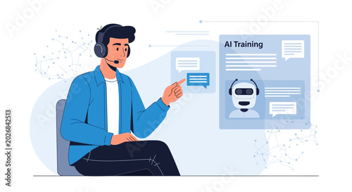 AI Training: Man with headset teaches robot on screen, technology concept