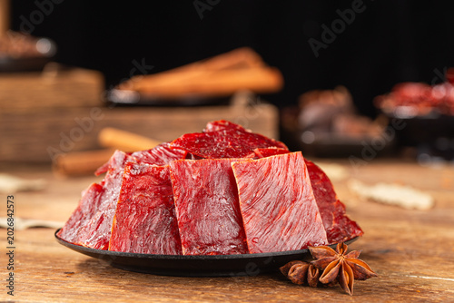 Delicious pork jerky is placed on the wooden，pork jerky, 