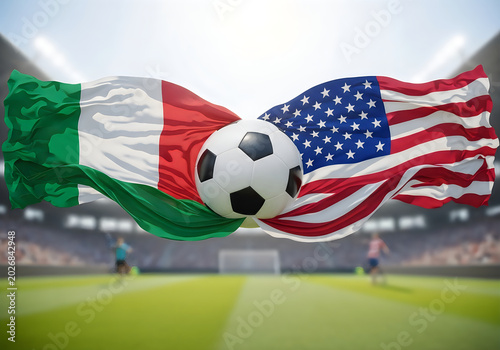 Italian and American flags with soccer ball on green field stadium background