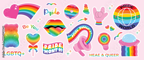 Bild auf Leinwand Pride month sticker elements with rainbow bear, lips, megaphone, UFO, globe badge, hand sign, light bulb, hearts, arrows and pride world typography vector set