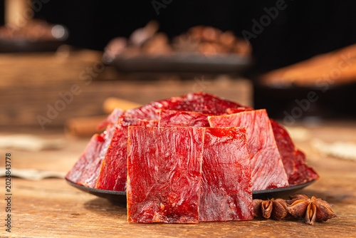 Delicious pork jerky is placed on the wooden，pork jerky, 