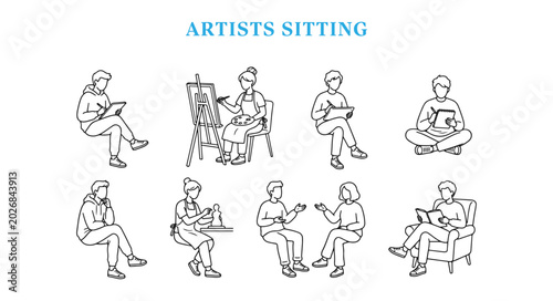 Top View Architectural CAD Blocks of Sitting Artists, Minimalist Line Art Vector Entourage Figures for Floor Plans, Studio Layouts, and Art Gallery Designs
