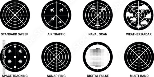 Fotografie Radar and sonar screen interface icons collection featuring air traffic naval sc