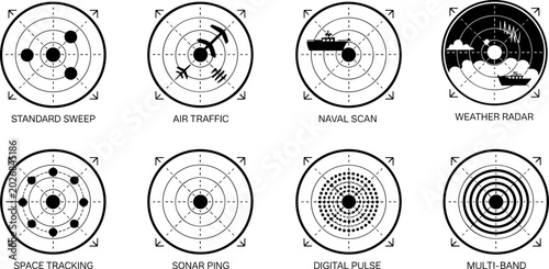 Bild auf Leinwand Radar and sonar screen interface icons collection featuring air traffic naval sc
