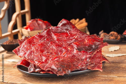 Delicious pork jerky is placed on the wooden，pork jerky, 