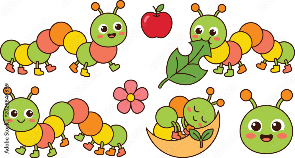 Fototapeta premium Cute Caterpillar Character Vector Set with Happy Insect Mascot Poses Eating Leaf Sleeping on Moon Apple and Flower for Kids Education Designs
