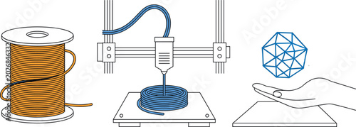 Billede på lærred Three dimensional printing technology vector set featuring filament spool printe