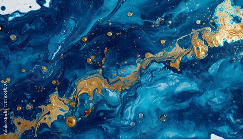 Abstract Acrylic Pour Painting with Cerulean Blue and Iridescent Gold Fluid Cells
