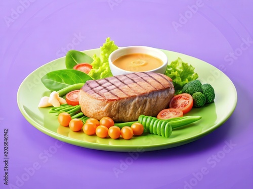 Gourmet Plate with Meat, Vegetables, and Dip