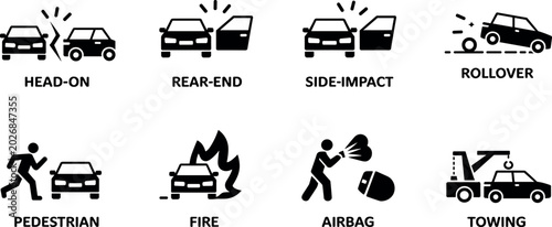 Obraz na plátně Car accident and emergency icon set featuring head on rear end side impact rollo
