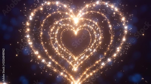 A seamless loop background of a glowing heart made from sparkling particles with a soft glittering glow effect.