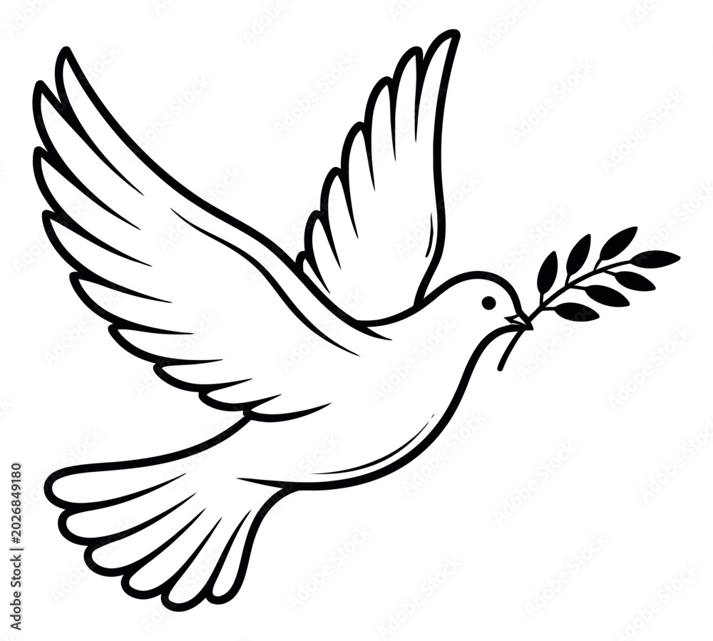 Fototapeta premium Hand drawn line art illustration of a dove depicting an olive branch for peace and hope