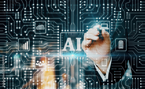 AI artificial intelligence text on digital circuit board with human hand, futuristic technology, automation and machine learning concept