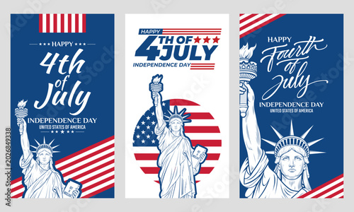 4th of July Social Media Banner with Blue Background American Flag Stripes and Statue of Liberty Vector